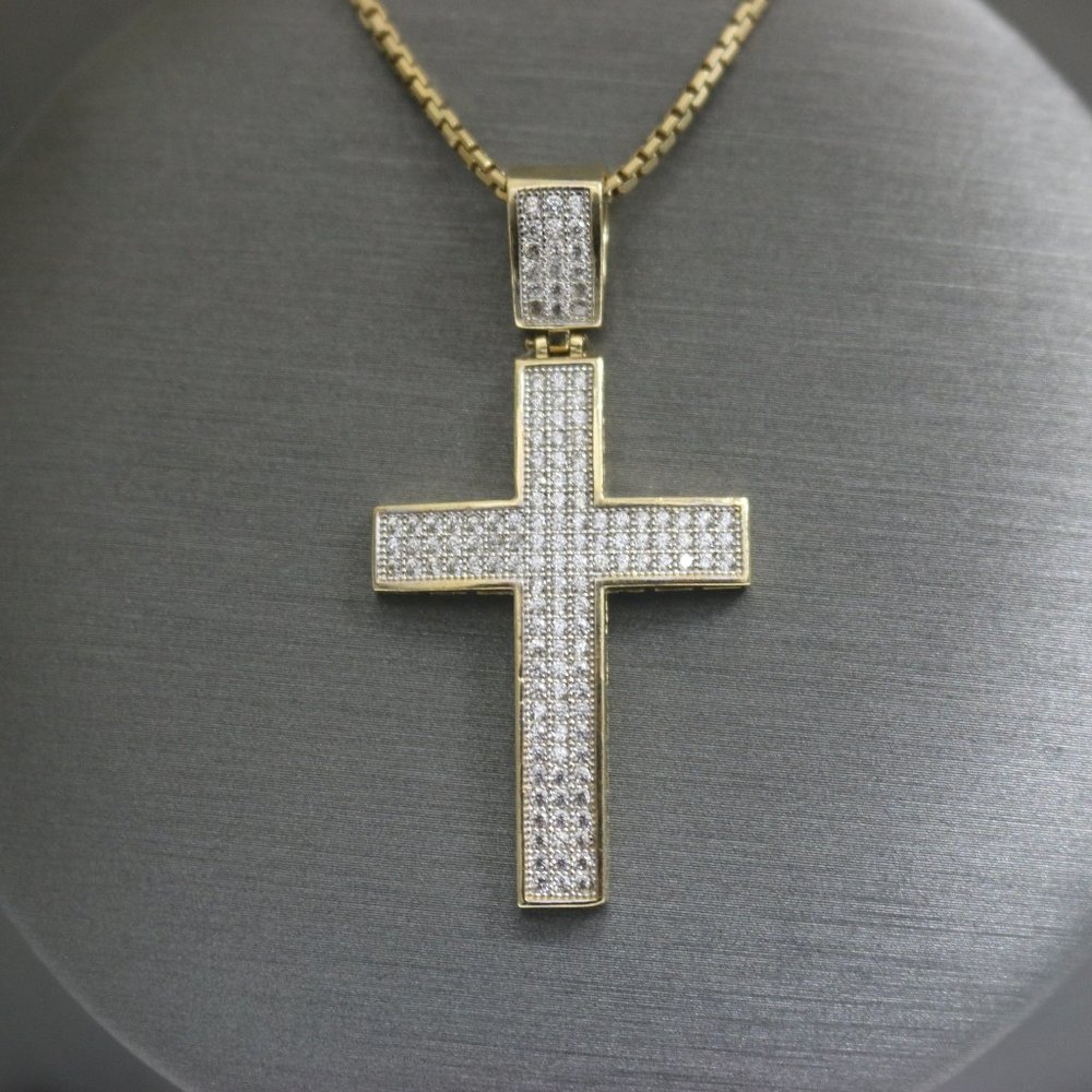 14kt Yellow Gold Encrusted Medium Cross Pendant with 14kt Yellow Solid Box Chain